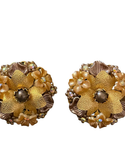 Beau jewels Fancy ornate flower crystal gold finish clip on earrings