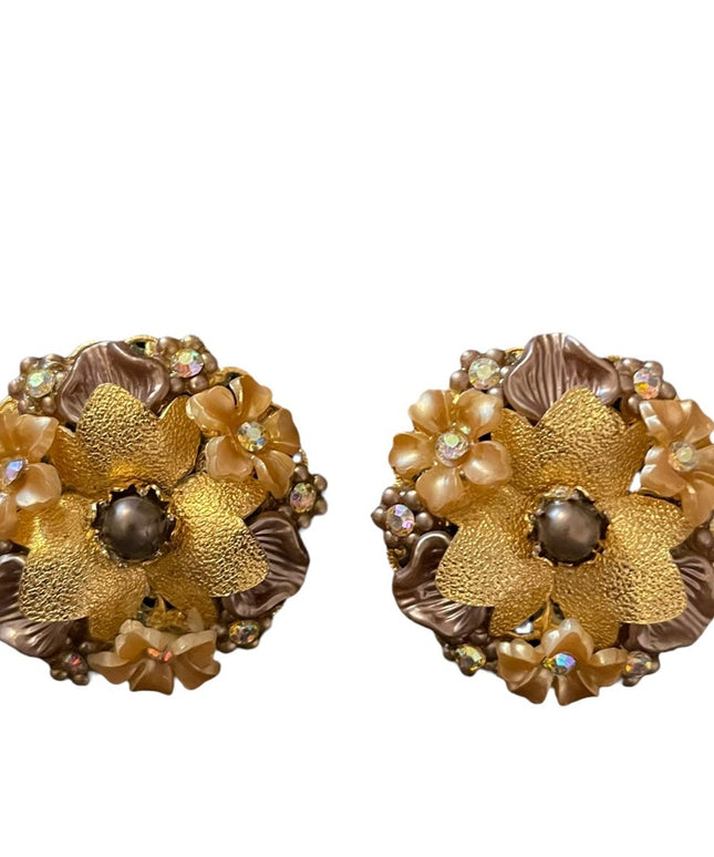 Beau jewels Fancy ornate flower crystal gold finish clip on earrings