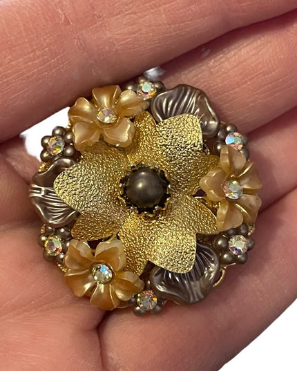 Beau jewels Fancy ornate flower crystal gold finish clip on earrings