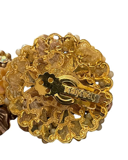 Beau jewels Fancy ornate flower crystal gold finish clip on earrings