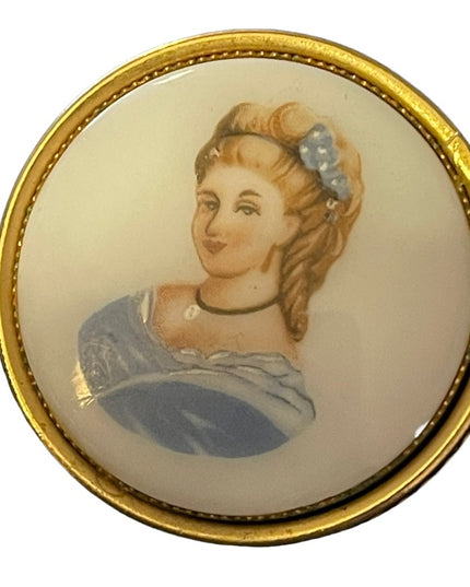 Vintage “Limoges style” ceramic transfer cameo lady Cameo gold finish brooch