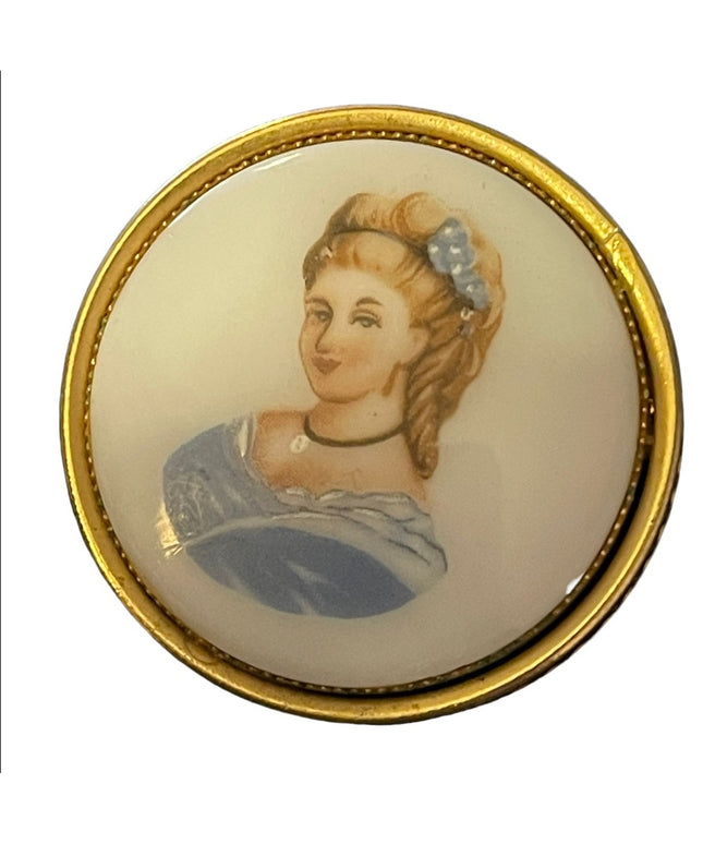 Vintage “Limoges style” ceramic transfer cameo lady Cameo gold finish brooch