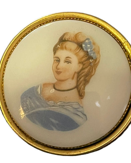 Vintage “Limoges style” ceramic transfer cameo lady Cameo gold finish brooch