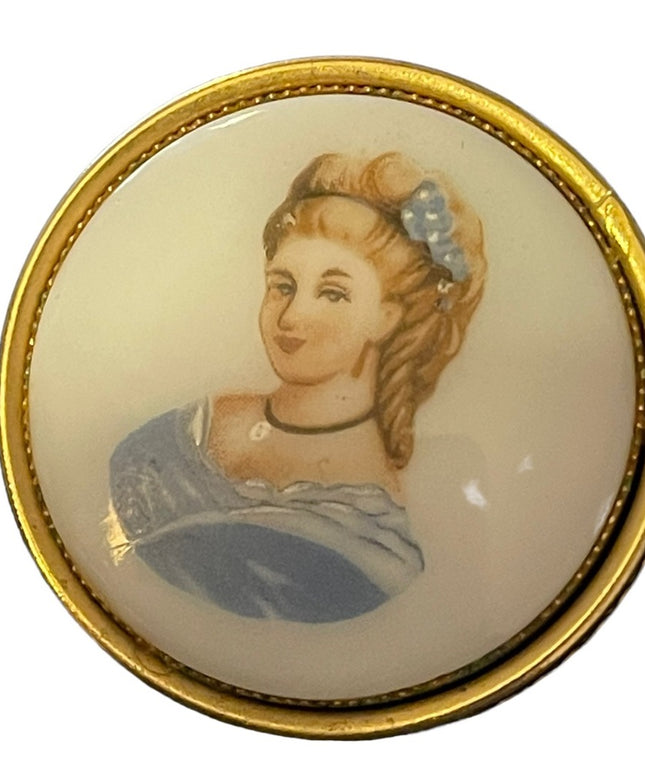 Vintage “Limoges style” ceramic transfer cameo lady Cameo gold finish brooch