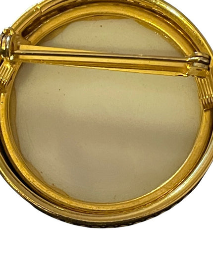 Vintage “Limoges style” ceramic transfer cameo lady Cameo gold finish brooch