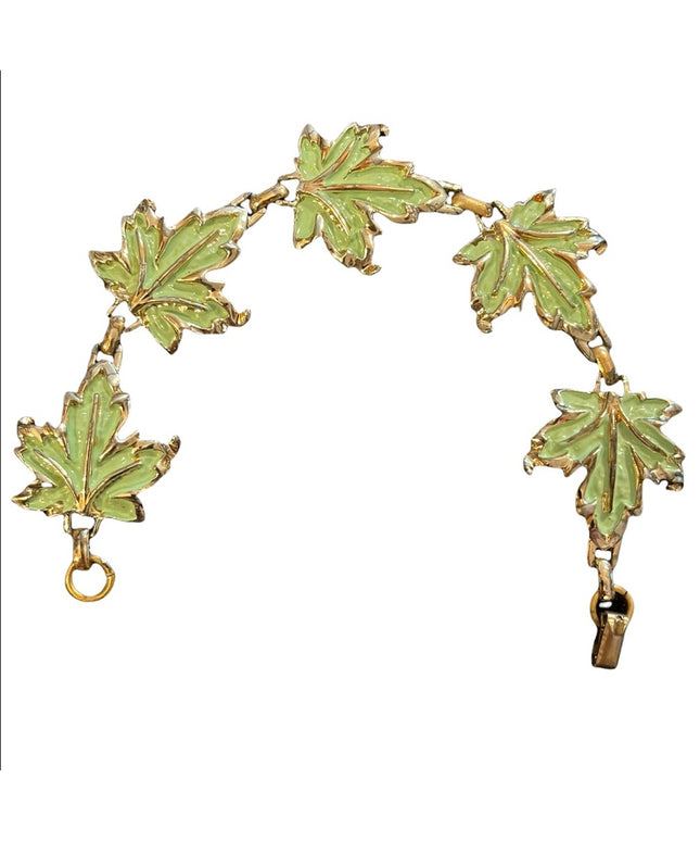 Vintage green emamel gold finish maple leaf bracelet CORO