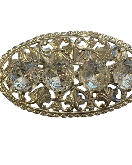 Vintage ornate silver finish metal & clear crystal large bar brooch