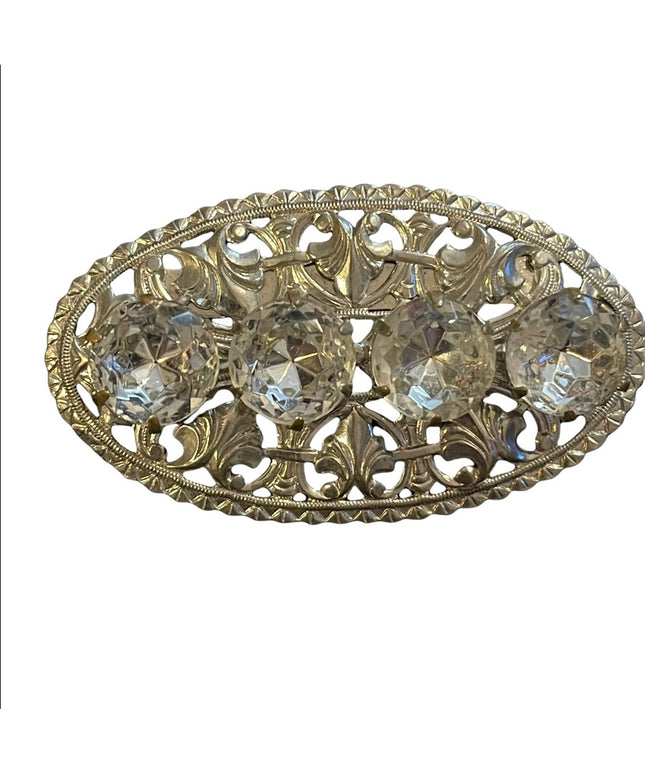 Vintage ornate silver finish metal & clear crystal large bar brooch