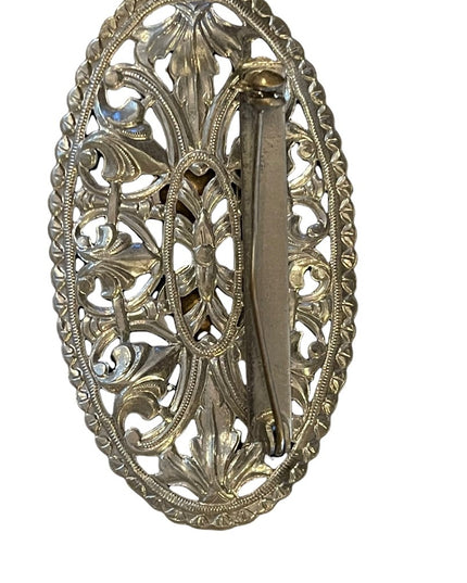 Vintage ornate silver finish metal & clear crystal large bar brooch