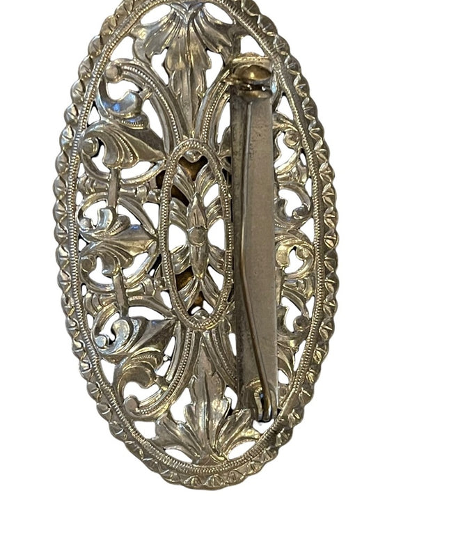 Vintage ornate silver finish metal & clear crystal large bar brooch