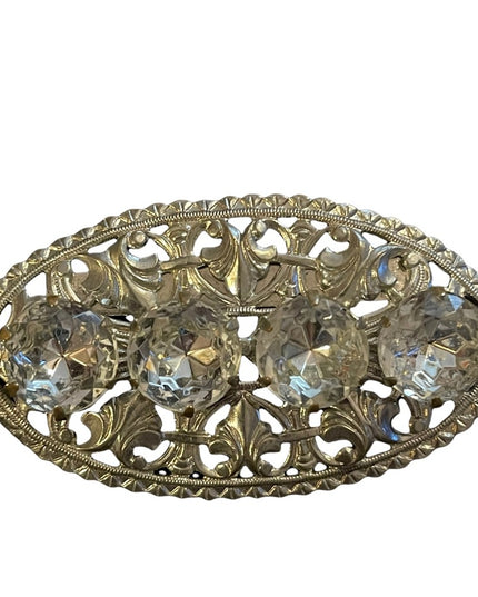 Vintage ornate silver finish metal & clear crystal large bar brooch