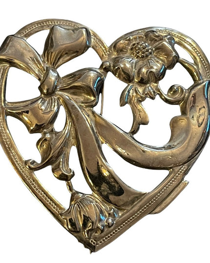 Beautiful large flower heart silver finish brooch