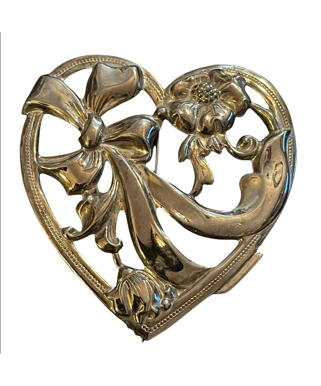 Beautiful large flower heart silver finish brooch