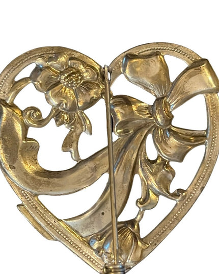 Beautiful large flower heart silver finish brooch