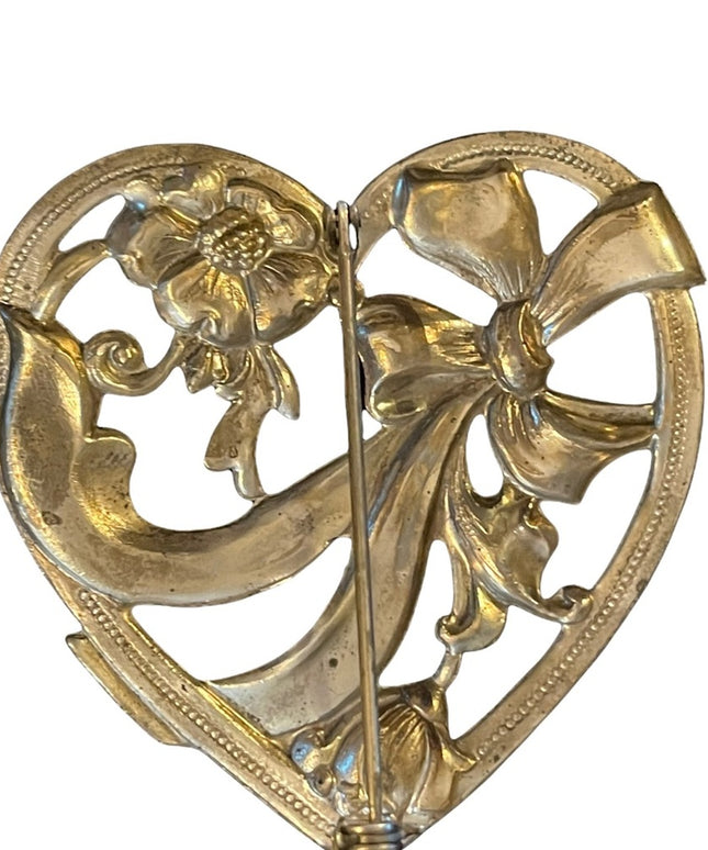 Beautiful large flower heart silver finish brooch