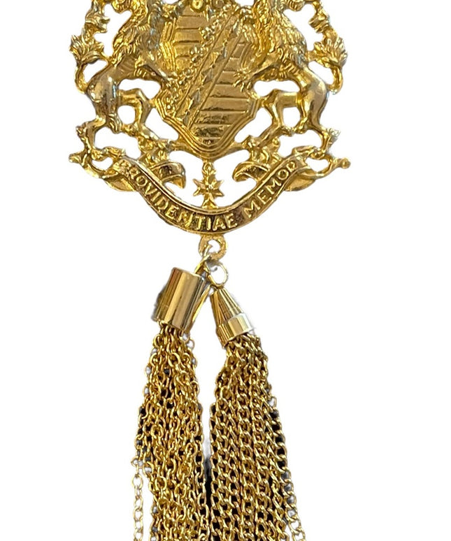 Vintage magestic coat of arms tassel dangle provencial gold finish brooch