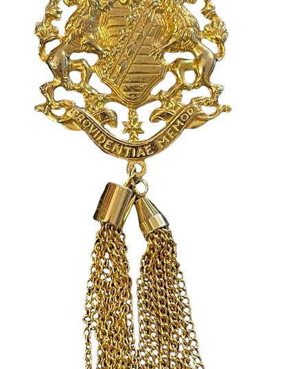 Vintage magestic coat of arms tassel dangle provencial gold finish brooch