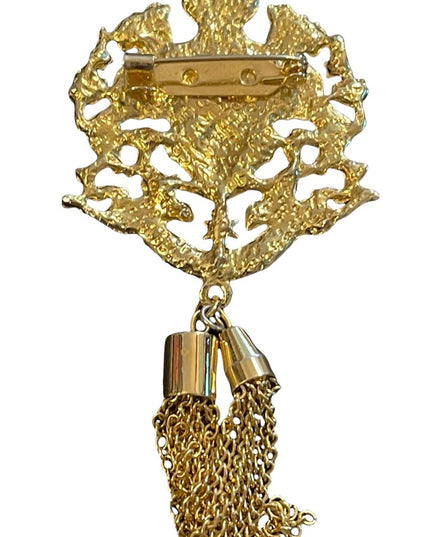 Vintage magestic coat of arms tassel dangle provencial gold finish brooch