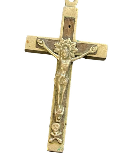 Large Antique Crucifix wood metal cross bones Catholic