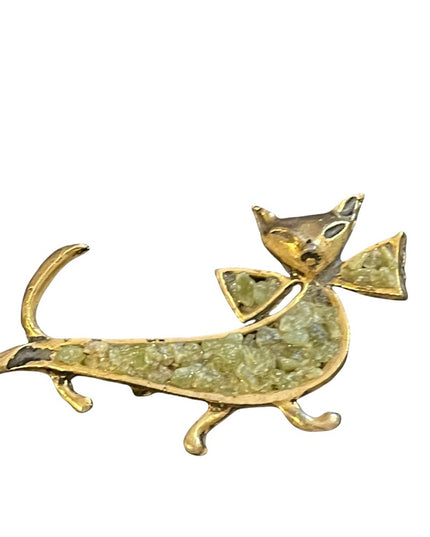 Vintsge cut jade fancy cat gold finish brooch