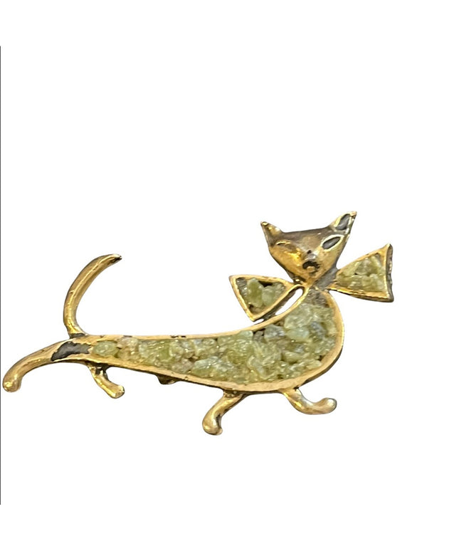 Vintsge cut jade fancy cat gold finish brooch