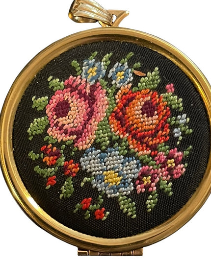 Large Avon Cross stitch needlepoint flowers locket