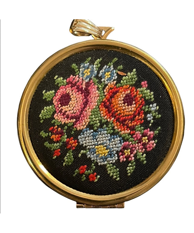 Large Avon Cross stitch needlepoint flowers locket