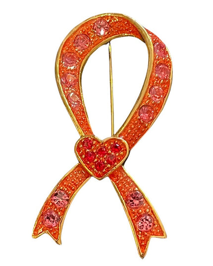 Gold finish pink & red crystal ribbon large brooch