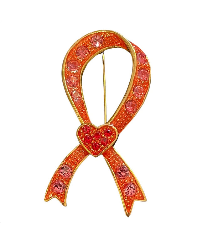 Gold finish pink & red crystal ribbon large brooch