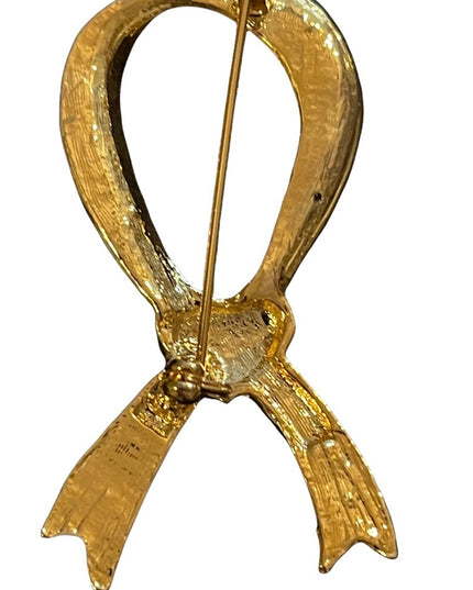 Gold finish pink & red crystal ribbon large brooch