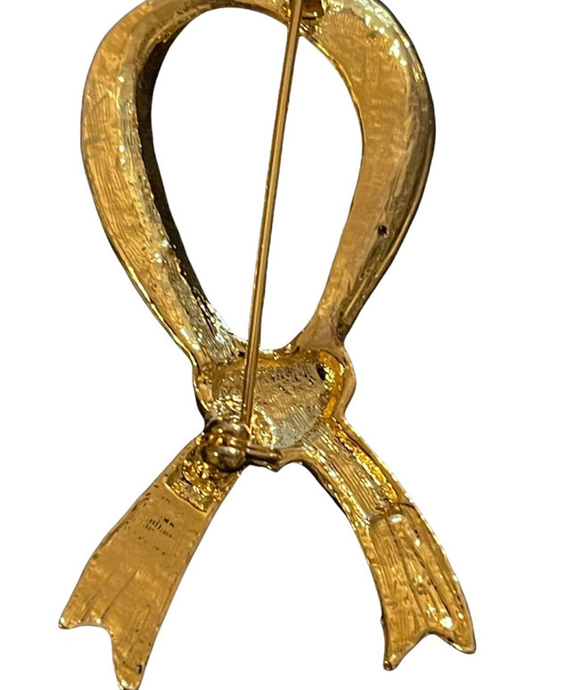 Gold finish pink & red crystal ribbon large brooch