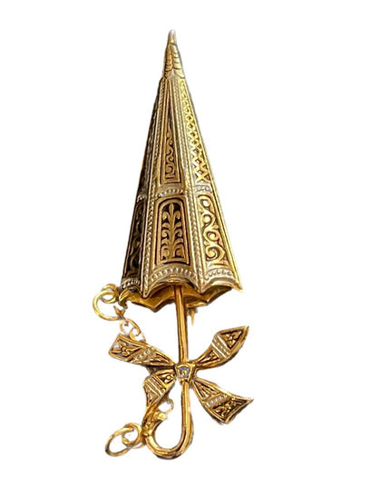 Vintage gold plate Damascene umbrella brooch
