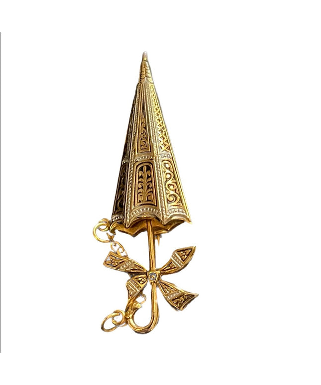 Vintage gold plate Damascene umbrella brooch