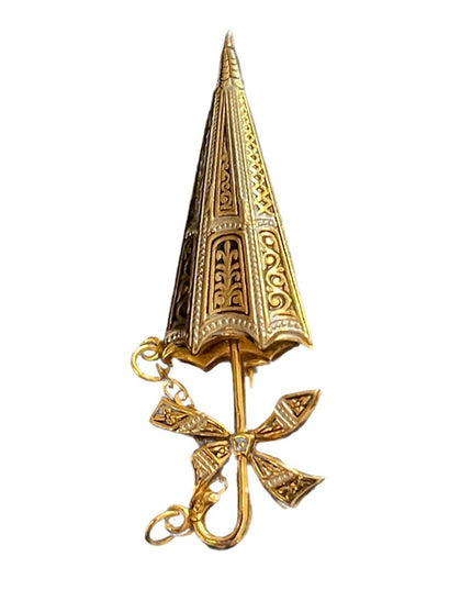 Vintage gold plate Damascene umbrella brooch