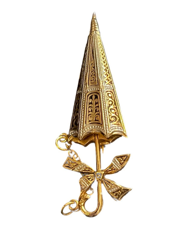 Vintage gold plate Damascene umbrella brooch