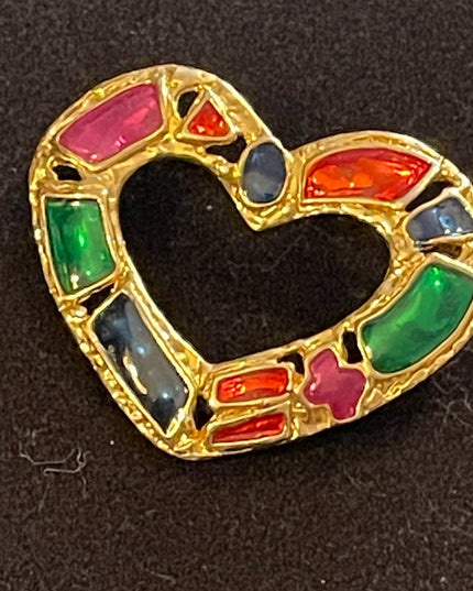 Vintage enameled gold finish heart brooch