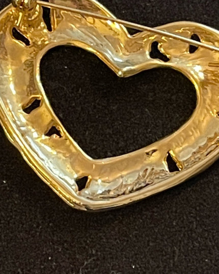 Vintage enameled gold finish heart brooch