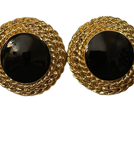 Vintage 1980s gold finish with black enamel clip on earrings