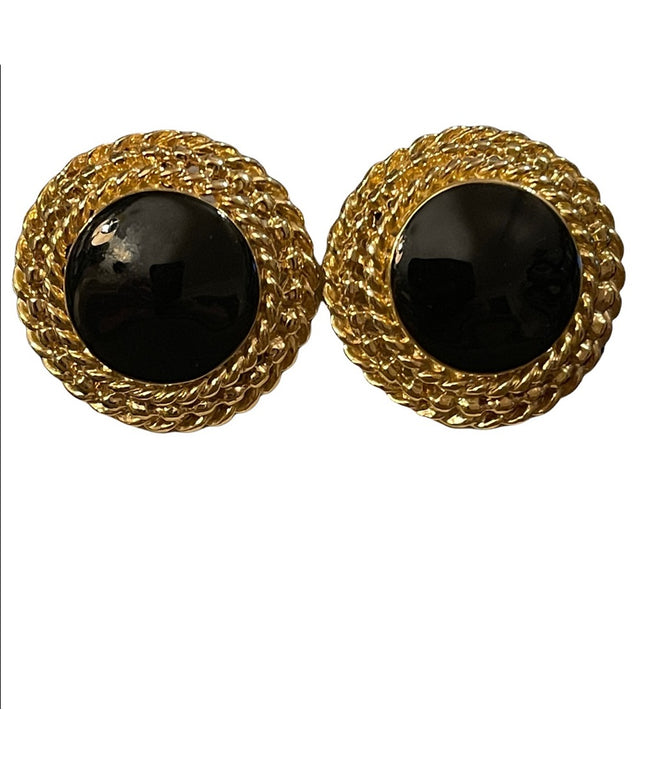 Vintage 1980s gold finish with black enamel clip on earrings