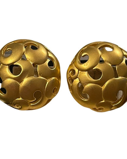 Vintage 1980s Alfred Sung Fancy brushed gold finish round earrings clip on