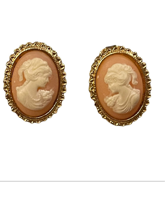 Gold finish faux resin cameo earrings pierced