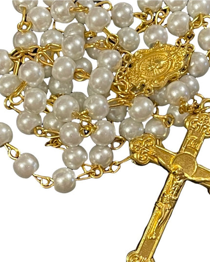 Faux pearl gold metal finish cross crucifix rosary