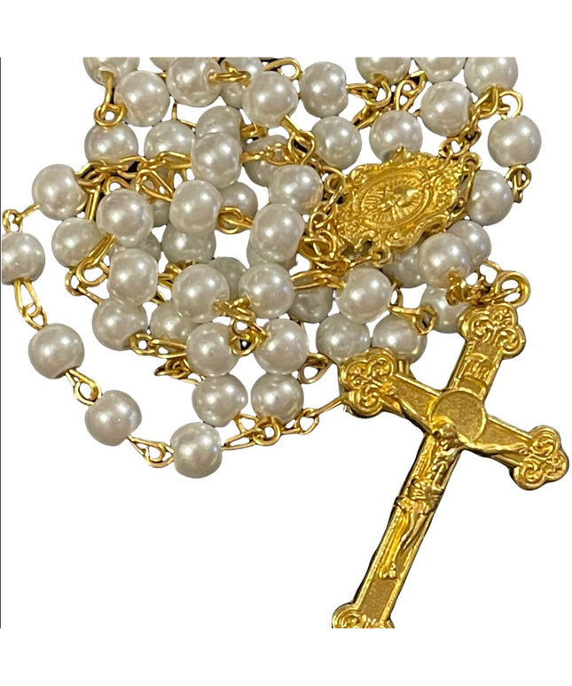Faux pearl gold metal finish cross crucifix rosary