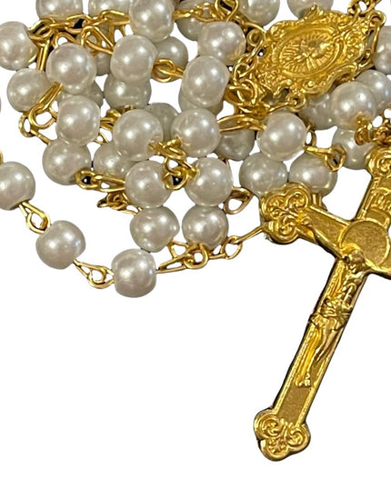 Faux pearl gold metal finish cross crucifix rosary