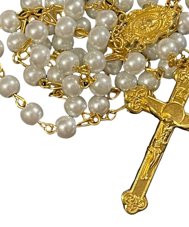 Faux pearl gold metal finish cross crucifix rosary