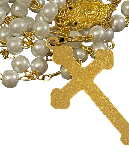 Faux pearl gold metal finish cross crucifix rosary