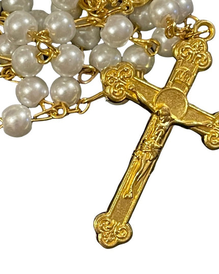 Faux pearl gold metal finish cross crucifix rosary