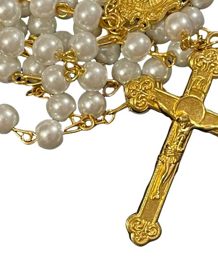 Faux pearl gold metal finish cross crucifix rosary