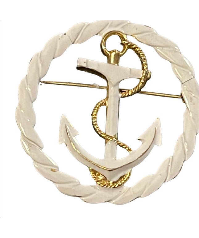 Vintage gold finish white enamel ships anchor nautical brooch Coro