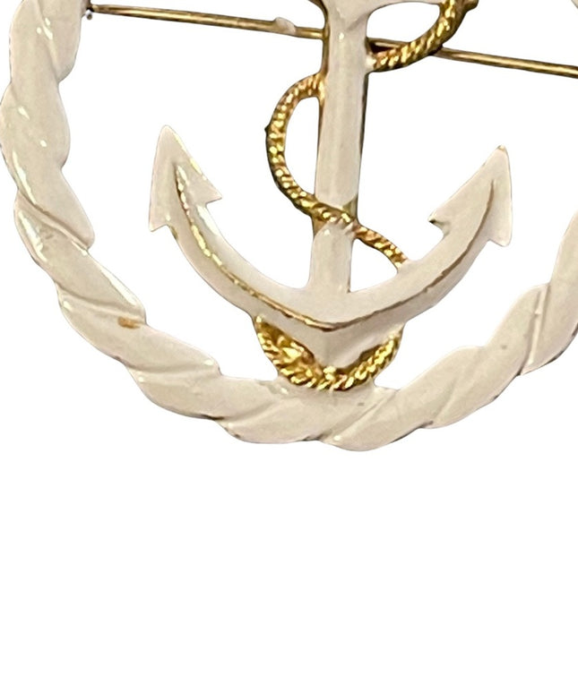 Vintage gold finish white enamel ships anchor nautical brooch Coro